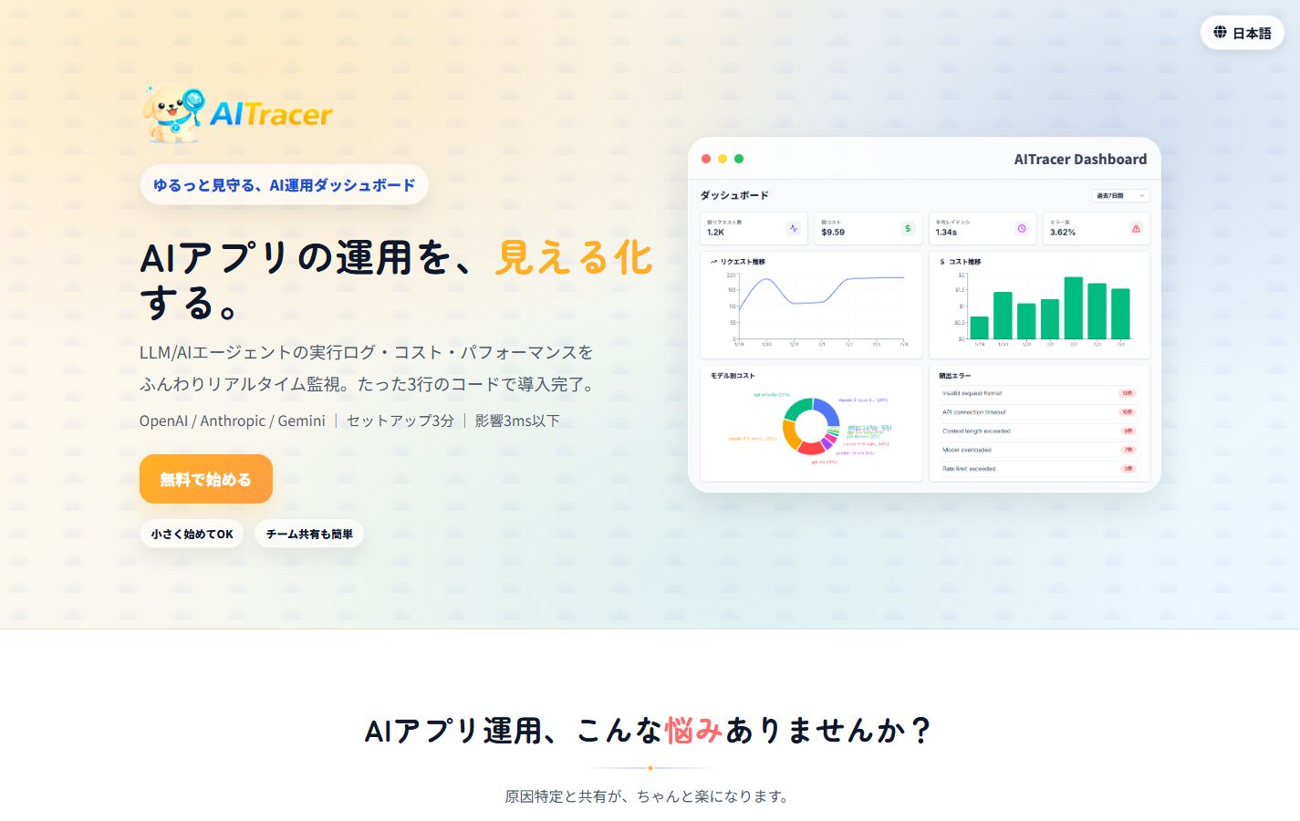 AITracer のWebサイトのトップページ